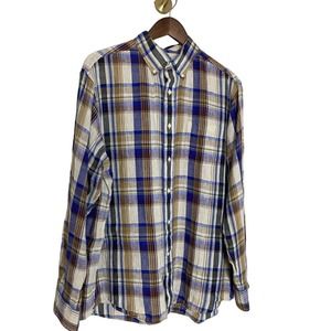 Cremieux Linen Button Down Mens Large Long Sleeve Purple‎ Plaid $89.50